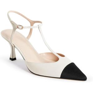 imageCoutgo Womens Kitten Heels Slingback Pumps Closed Pointed Toe Two Tone Ankle T Strap Office Dress ShoesWhite