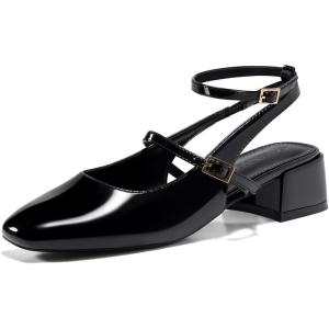 imageCoutgo Womens Mary Jane Chunky Low Heels Closed Square Toe Ankle Strap Pumps Wedding Party Dress ShoesBlack