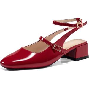 imageCoutgo Womens Mary Jane Chunky Low Heels Closed Square Toe Ankle Strap Pumps Wedding Party Dress ShoesRed