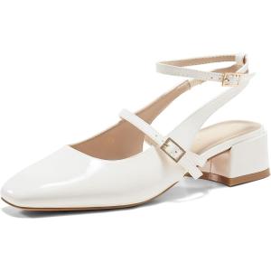 imageCoutgo Womens Mary Jane Chunky Low Heels Closed Square Toe Ankle Strap Pumps Wedding Party Dress ShoesWhite