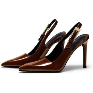 imageCoutgo Womens Slingback High Heels Pointed Toe Stilettos Metal Buckle Dress Party Pump ShoesBrown
