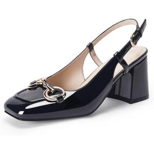 imageWomens Slingback Block Heels Closed Square Toe Dress Work Shoes Slip on Buckle Strap Business PumpsCool Black