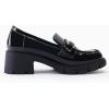 imageCoutgo Womens Chunky Platform Lug Sole Loafers Mid Heel Square Toe Dress Walking Work Shoes with Buckle ChainMirror Leather Black