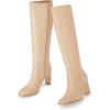 imageCoutgo Womens Square Toe Knee High Boots Leather Chunky Heel Fashion Dressy Winter Shoes with Side ZipperKhaki