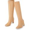 imageCoutgo Womens Square Toe Knee High Boots Leather Chunky Heel Fashion Dressy Winter Shoes with Side ZipperLight Brown