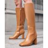 imageCoutgo Womens Wide Calf Knee High Boots Chunky High Heel Square Toe Fashion Leather Shoes with Side ZipperBrown