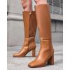 imageCoutgo Womens Wide Calf Knee High Boots Chunky High Heel Square Toe Fashion Leather Shoes with Side ZipperDark Brown