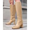 imageCoutgo Womens Wide Calf Knee High Boots Chunky High Heel Square Toe Fashion Leather Shoes with Side ZipperKhaki