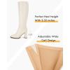 imageCoutgo Womens Wide Calf Knee High Boots Chunky High Heel Square Toe Fashion Leather Shoes with Side ZipperWhite