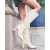 imageCoutgo Womens Wide Calf Knee High Boots Chunky High Heel Square Toe Fashion Leather Shoes with Side ZipperWhite
