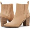 imageWomens Ankle Boots Slip on Pointed Toe Chunky Block Mid Heel Leather Elastic Panel Casual Chelsea Western BootiesCamel
