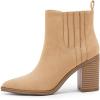 imageWomens Ankle Boots Slip on Pointed Toe Chunky Block Mid Heel Leather Elastic Panel Casual Chelsea Western BootiesCamel