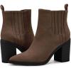 imageWomens Ankle Boots Slip on Pointed Toe Chunky Block Mid Heel Leather Elastic Panel Casual Chelsea Western BootiesCoffee
