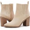 imageWomens Ankle Boots Slip on Pointed Toe Chunky Block Mid Heel Leather Elastic Panel Casual Chelsea Western BootiesCream