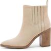 imageWomens Ankle Boots Slip on Pointed Toe Chunky Block Mid Heel Leather Elastic Panel Casual Chelsea Western BootiesCream