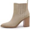 imageWomens Ankle Boots Slip on Pointed Toe Chunky Block Mid Heel Leather Elastic Panel Casual Chelsea Western BootiesKhaki