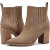 imageWomens Ankle Boots Slip on Pointed Toe Chunky Block Mid Heel Leather Elastic Panel Casual Chelsea Western BootiesLight Brown