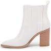 imageWomens Ankle Boots Slip on Pointed Toe Chunky Block Mid Heel Leather Elastic Panel Casual Chelsea Western BootiesWhite