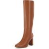 imageCoutgo Womens Wide Calf Knee High Boots Chunky High Heel Square Toe Fashion Leather Shoes with Side ZipperDark Brown