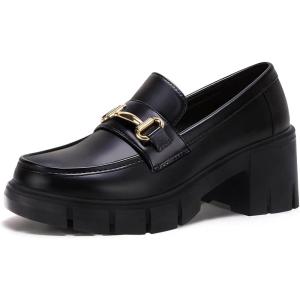 imageCoutgo Womens Chunky Platform Lug Sole Loafers Mid Heel Square Toe Dress Walking Work Shoes with Buckle ChainBlack