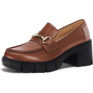 imageCoutgo Womens Chunky Platform Lug Sole Loafers Mid Heel Square Toe Dress Walking Work Shoes with Buckle ChainBrown