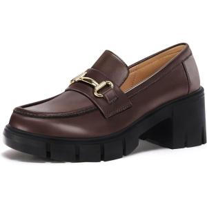 imageCoutgo Womens Chunky Platform Lug Sole Loafers Mid Heel Square Toe Dress Walking Work Shoes with Buckle ChainCoffee