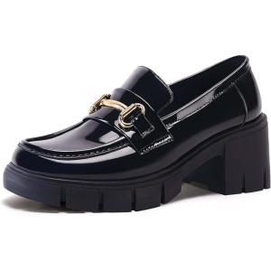 imageCoutgo Womens Chunky Platform Lug Sole Loafers Mid Heel Square Toe Dress Walking Work Shoes with Buckle ChainMirror Leather Black