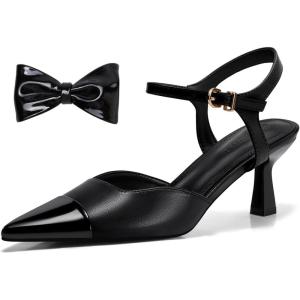 imageCoutgo Womens Kitten Heels Dress Shoes Closed Pointed Toe Ankle Strap Bow PumpsBlack