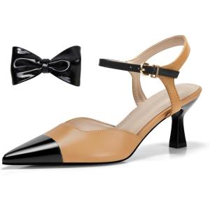 imageCoutgo Womens Kitten Heels Dress Shoes Closed Pointed Toe Ankle Strap Bow PumpsLight Brown
