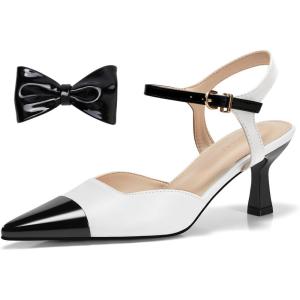 imageCoutgo Womens Kitten Heels Dress Shoes Closed Pointed Toe Ankle Strap Bow PumpsWhite