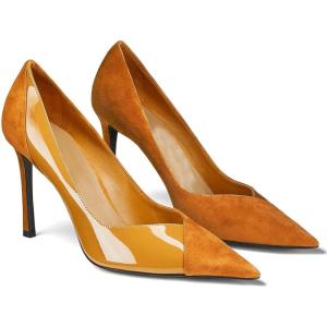 imageCoutgo Womens Pointed Toe High Heels Pumps Patent Suede Stiletto Heel Slip on Office Party Wedding Dress ShoesBrown 02