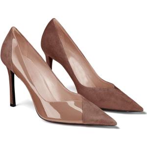 imageCoutgo Womens Pointed Toe High Heels Pumps Patent Suede Stiletto Heel Slip on Office Party Wedding Dress ShoesCoffee