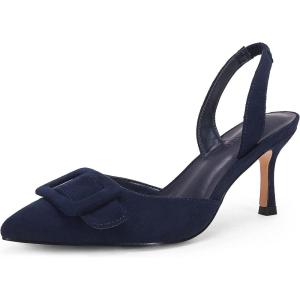 imageCoutgo Womens Slingback Heels Kitten Heel Pumps Dress Shoes Sling Back Closed Pointed Toe Suede Wedding Party SandalsNavy