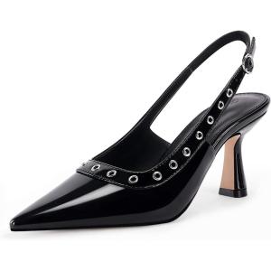 imageCoutgo Womens Slingback Kitten Heels Studded Closed Pointed Toe Slip On Leather Pumps Work Dress ShoesCool Black
