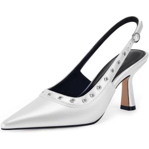 imageCoutgo Womens Slingback Kitten Heels Studded Closed Pointed Toe Slip On Leather Pumps Work Dress ShoesSilver