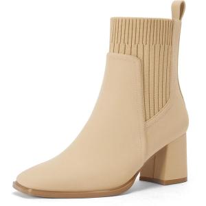 imageCoutgo Womens Slip On Ankle Boots Chunky Block Heel Square Toe Splicing Dress Sock BootiesBeige