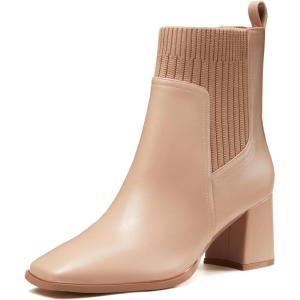 imageCoutgo Womens Slip On Ankle Boots Chunky Block Heel Square Toe Splicing Dress Sock BootiesKhaki