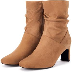 imageCoutgo Womens Slouch Mid Calf Boots Chunky Heel Square Toe Zip Up Fall Fashion Booties ShoesBrown