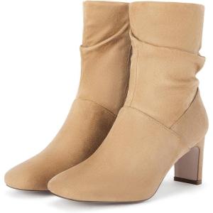 imageCoutgo Womens Slouch Mid Calf Boots Chunky Heel Square Toe Zip Up Fall Fashion Booties ShoesKhaki