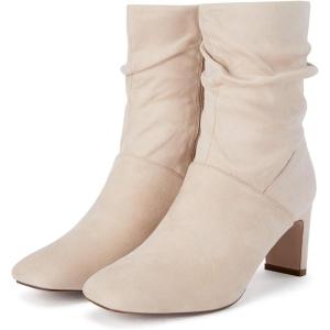 imageCoutgo Womens Slouch Mid Calf Boots Chunky Heel Square Toe Zip Up Fall Fashion Booties ShoesNude