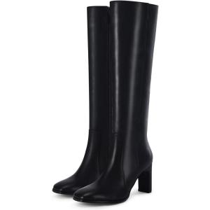 imageCoutgo Womens Square Toe Knee High Boots Leather Chunky Heel Fashion Dressy Winter Shoes with Side ZipperBlack