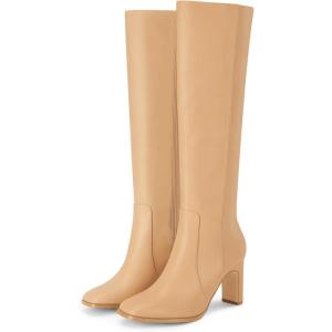 imageCoutgo Womens Square Toe Knee High Boots Leather Chunky Heel Fashion Dressy Winter Shoes with Side ZipperLight Brown