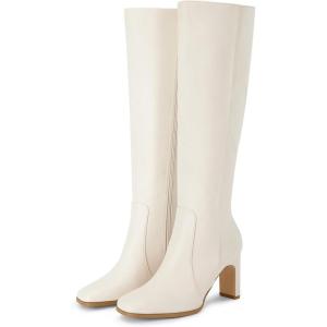 imageCoutgo Womens Square Toe Knee High Boots Leather Chunky Heel Fashion Dressy Winter Shoes with Side ZipperWhite