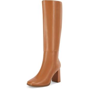 imageCoutgo Womens Wide Calf Knee High Boots Chunky High Heel Square Toe Fashion Leather Shoes with Side ZipperBrown