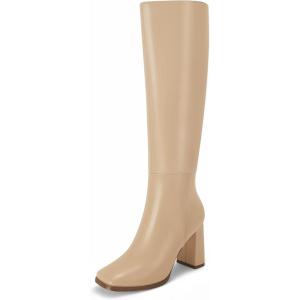 imageCoutgo Womens Wide Calf Knee High Boots Chunky High Heel Square Toe Fashion Leather Shoes with Side ZipperKhaki