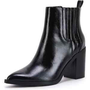 imageWomens Ankle Boots Slip on Pointed Toe Chunky Block Mid Heel Leather Elastic Panel Casual Chelsea Western BootiesBlack