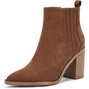 imageWomens Ankle Boots Slip on Pointed Toe Chunky Block Mid Heel Leather Elastic Panel Casual Chelsea Western BootiesBrown