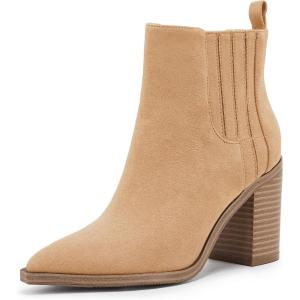imageWomens Ankle Boots Slip on Pointed Toe Chunky Block Mid Heel Leather Elastic Panel Casual Chelsea Western BootiesCamel