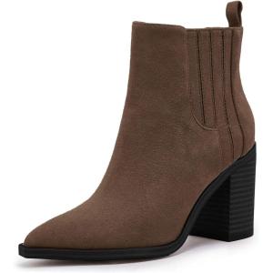 imageWomens Ankle Boots Slip on Pointed Toe Chunky Block Mid Heel Leather Elastic Panel Casual Chelsea Western BootiesCoffee
