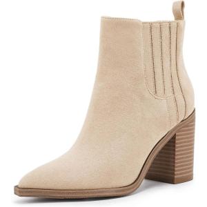 imageWomens Ankle Boots Slip on Pointed Toe Chunky Block Mid Heel Leather Elastic Panel Casual Chelsea Western BootiesCream